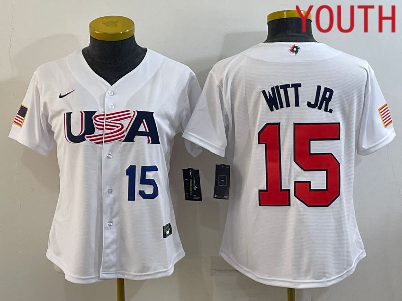 Youth 2023 World Cub USA #15 Witt jr White MLB Jersey3
